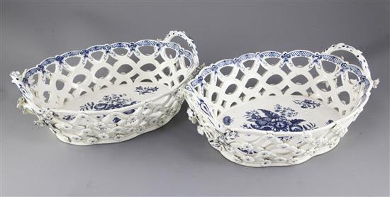 A pair of unusually large Worcester blue and white pine cone pattern baskets, c.1775, 34.5cm, slight restorations